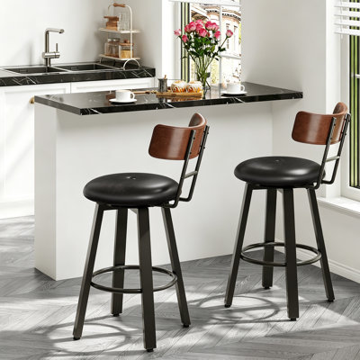 Ensemble de 2 tabourets de bar pivotants 360 ° à hauteur de comptoir de 25,6 po avec dossier incurvé et repose-pieds, siège rembourré, pour salle à manger, cuisine, pub, café, brun et noir