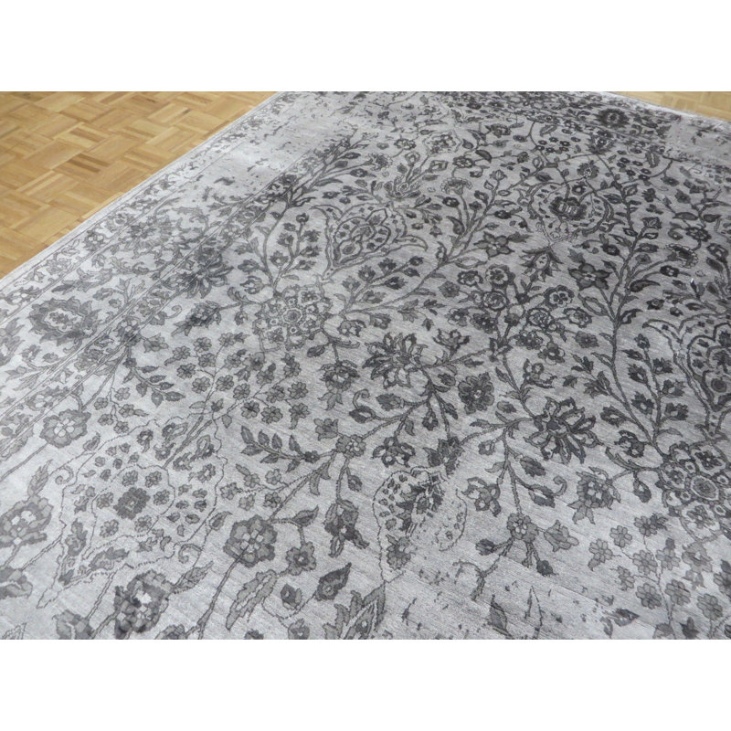 Tapis oriental en laine / gris soie / noir noué à la main, Rectangle 6 pi x 9 pi 2 po