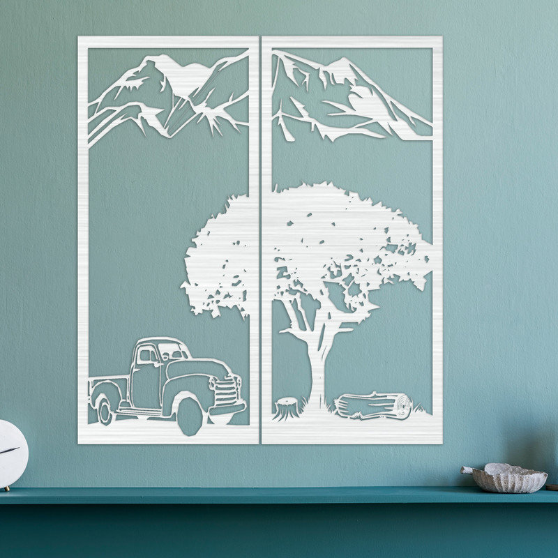 Deux art mural rectangulaire avec montagne, arbre et voiture - ACM, H 24 po x l 21,4 po x P 0,25 po, Argent