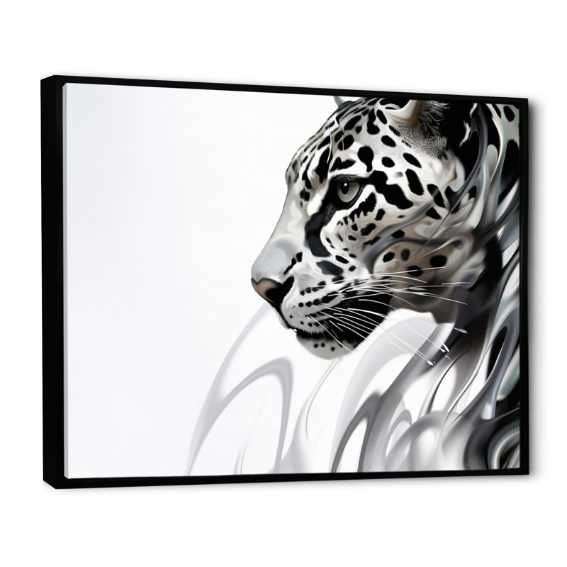 Gris, panthère blanche, élégance abstraite, H 34 po x l 44 po x P 1,5 po, Cadre flottant noir