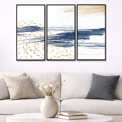 «Dark Blue and Gold Abstract I», ensemble d'art mural moderne sur toile encadrée