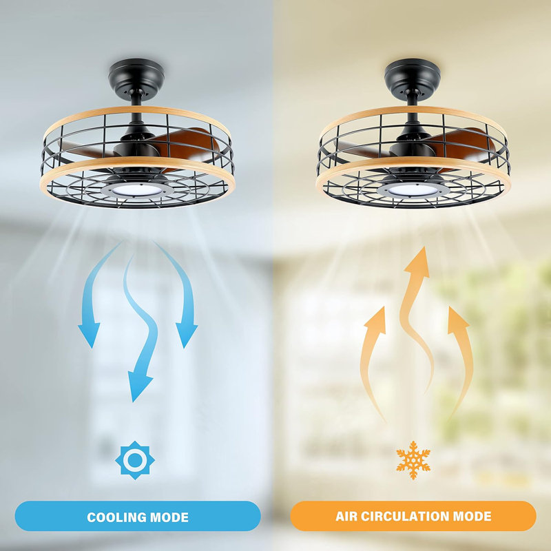 Modern Black and Wood Low Profile Ceiling Fan with LED Light and Remote