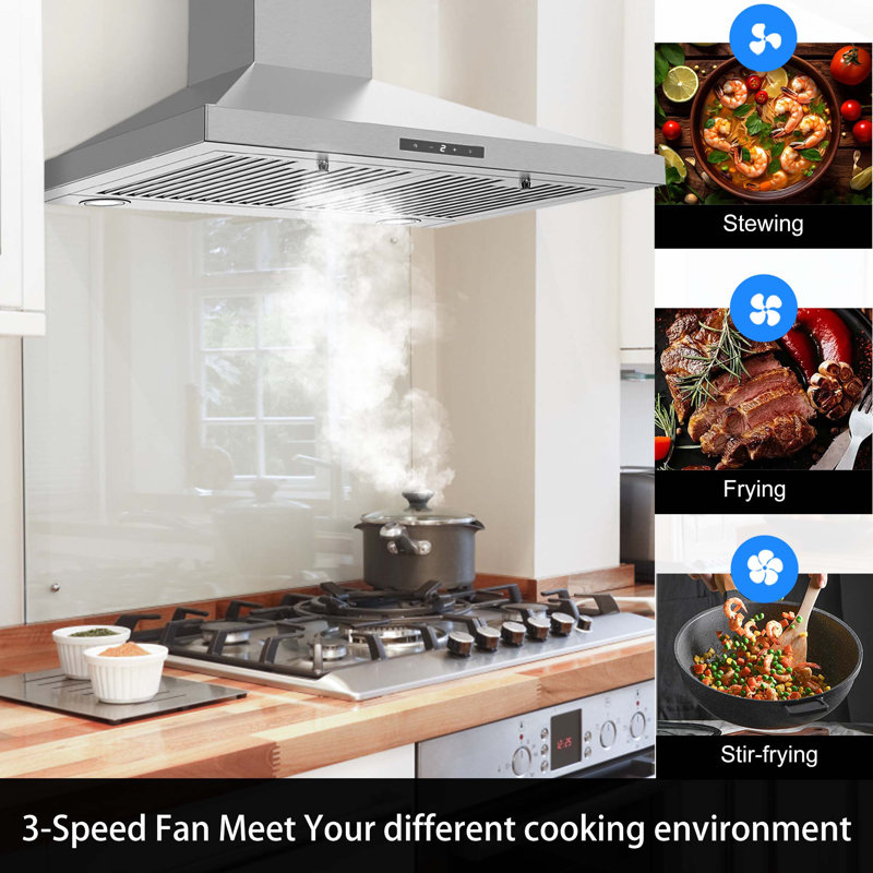 30 Inch Wall Mount Range Hood In Stainless Steel,450 Cfm Ductless/Ducted Convertible Kitchen Hood With Led Light And Baffle Filters, 3 Speed,Touch Control