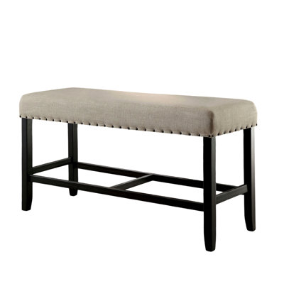 Rustic Counter Height Bench With Beige Seat And Black Wood Finish For Dining Linen-Like Trim Solid Base