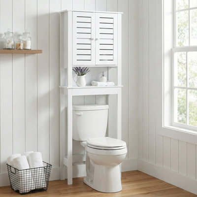 Over The Toilet Storage Cabinet with Double Vented Doors and Open Shelf, Bathroom Storage Cabinet for Toiletries, White Space Saver, Santorin Collection