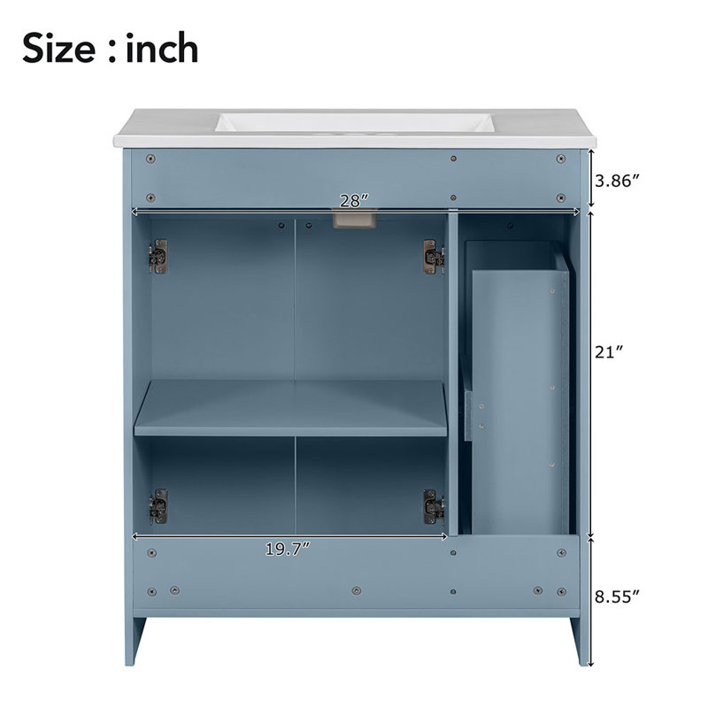 Blue 30-Inch Freestanding Bathroom Vanity with Ceramic Sink and Storage
