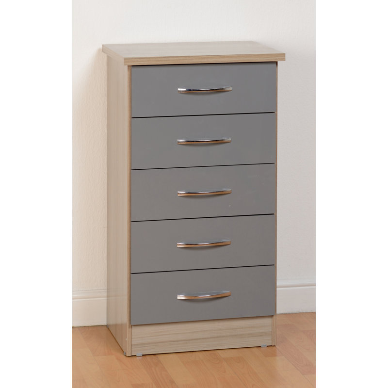 Nevada 5 Drawer Narrow Chest, Grey Gloss/Light Oak Effect Veneer