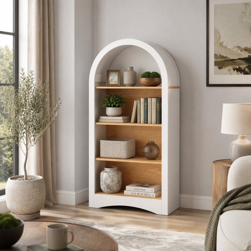 Présentoir de 47 pouces autoportant arqué avec tablettes en grain de bois, rangement ouvert à 4 niveaux, petite bibliothèque d'appoint pour le salon et la chambre à coucher