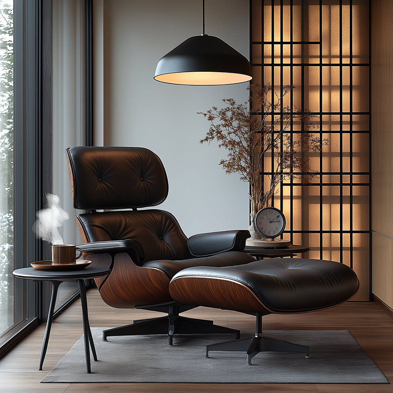 Leather lounge chair with Solid Wood, Rosewood White Leather