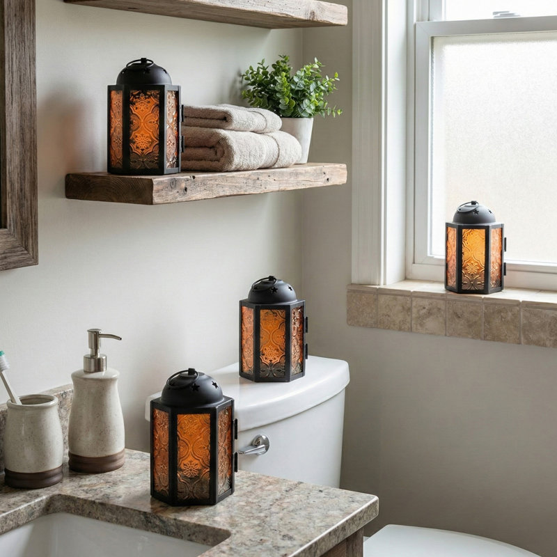 4.25" Mini Decorative Moroccan Candle Lantern Holders, Amber