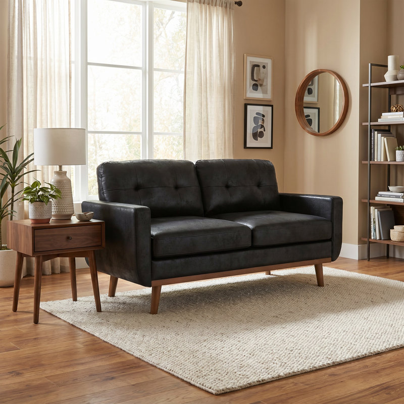 65" Polyester Upholstered Square Arm Loveseat, Black