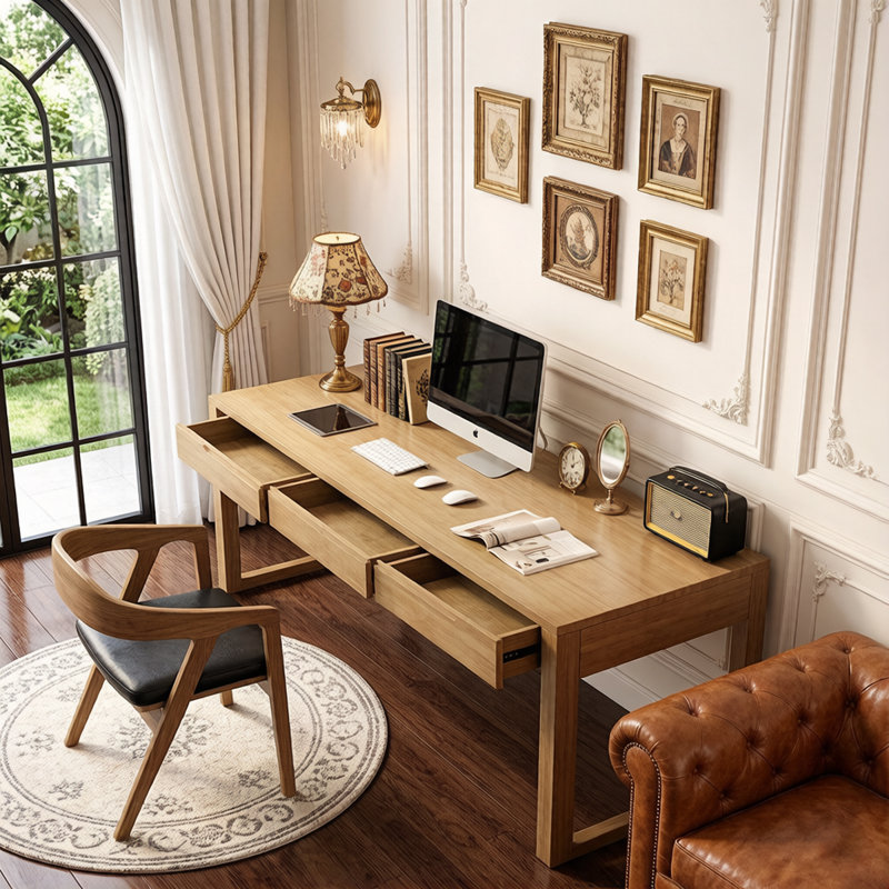 Bureau rectangulaire en bois massif avec tiroirs Burlywood, 29.45" H x 94.49" W x 23.62" D
