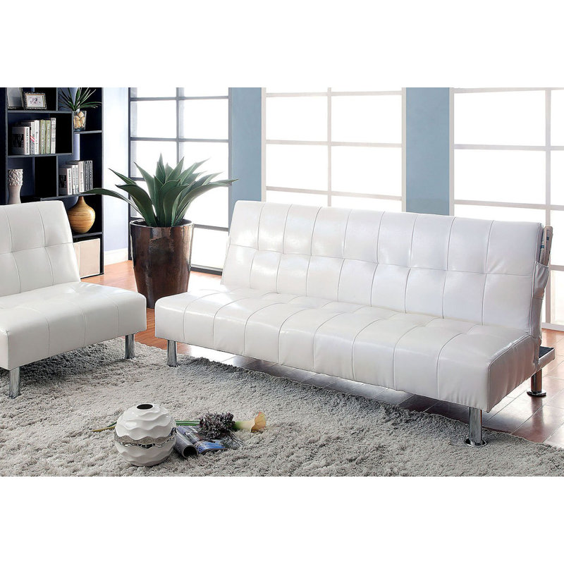 Perz Twin 70" Wide Faux Leather Tufted Back Convertible Sofa, White