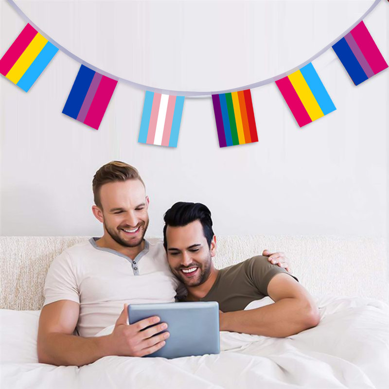 Abbad 32pcs Assorted Rainbow String Flags - 4 Mixed Pennant Banners with LGBT, Pansexuality, Bisexuality, and Transgender - 32 Flags 26 Feet