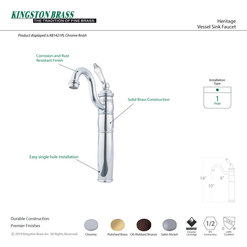 Kingston Brass Heritage Single-Handle 1-Hole Deck Mount Vessel Faucet, Polished Chrome