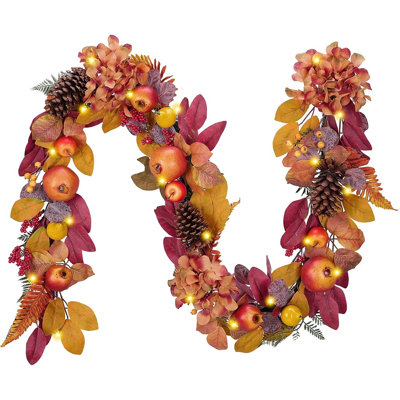 Lighted Fall Garland with Maple Leaves, Pomegranates, Pinecones & Warm LED Lights, Artificial Autumn Harvest Decoration for Mantel, Fireplace, Table, Thanksgiving & Seasonal Home Décor