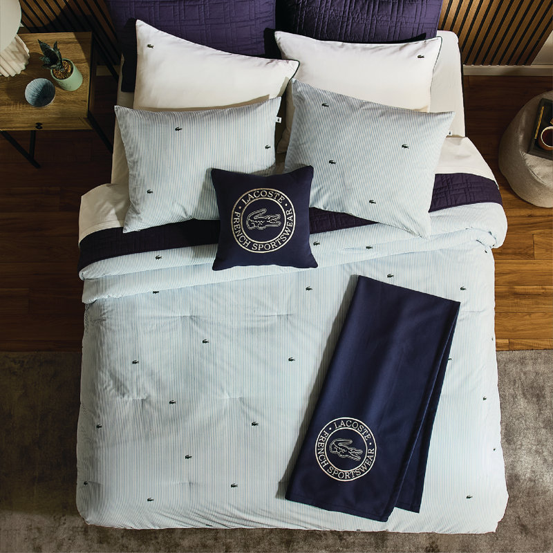 Lacoste Pinstripe Croc 100% Cotton Comforter Set, Soft Breathable All-Season with Embroidered Crocodile, Full/Queen 3-Piece Blue