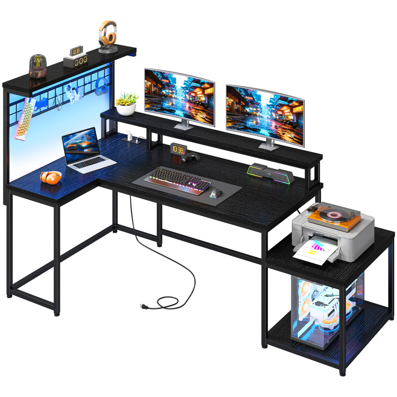 Bureau d'ordinateur en L réversible avec prise de courant et long support pour écran, lumières à DEL et tablettes de rangement