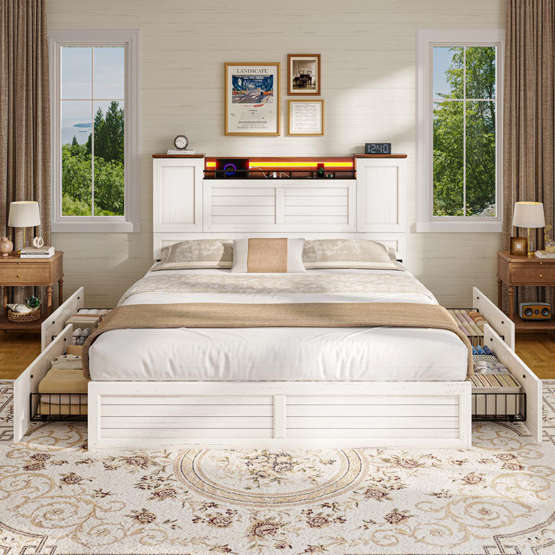Cadre de lit double Farmhouse avec tête de lit et armoires de rangement, cadre de lit plateforme en bois avec 4 tiroirs, aucun sommier nécessaire, blanc