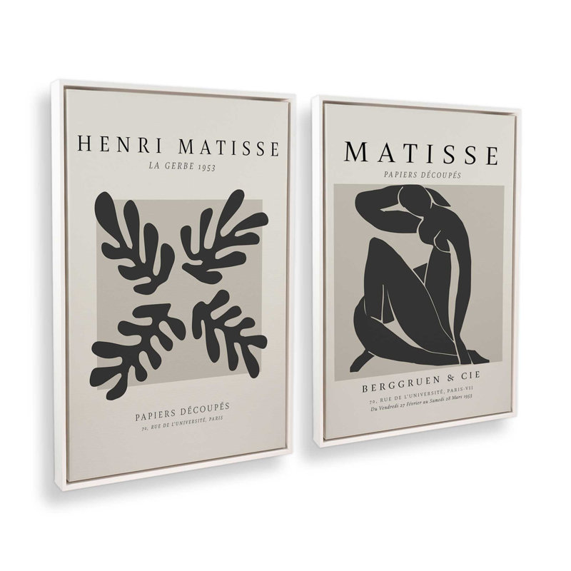 Ensemble de 2 Matisse Nus Noir et La Gerbe, H 13 po x l 18 po, Cadre flottant blanc opaque