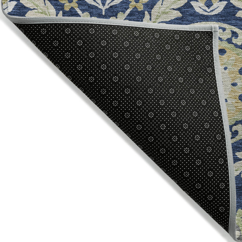Tapis extérieur lavable floral bleu marine et beige 5 pi x 8 pi