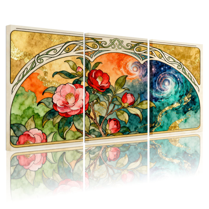 Floral camélia et ciel cosmique, ensemble de 3 impressions d'art sur toile, H 30 po x l 60 po