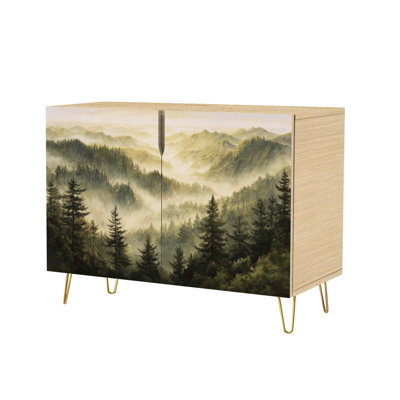 Sideboard Buffet Cabinet with Storage Rustic Woodland Scene Wall Decor with 2 Doors for Living Room and Kitchen