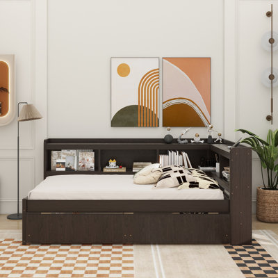 L-Shaped Bookcases Bed With Power Outlets, USB Charging Ports,Two Drawers