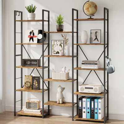 67" Tall Triple Wide 5-Tier Industrial Bookshelf with 14 Open Shelves, 4 Bonus Hooks, and Adjustable Feet for Large Storage in Living Room or Office by Bay Isle Home