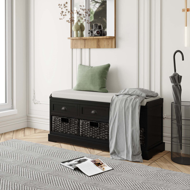 Gokey Linen Blend Upholstered Storage Bench, Black