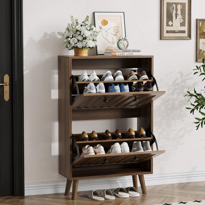 Medieval-Style Modern Shoe Cabinet, Upright Shoe Storage Unit With Vertical Grooved Finish, 23.6-Inch Walnut-Colored Shoe Cabinet, Suitable For Hallways, Passageways And Entrances.