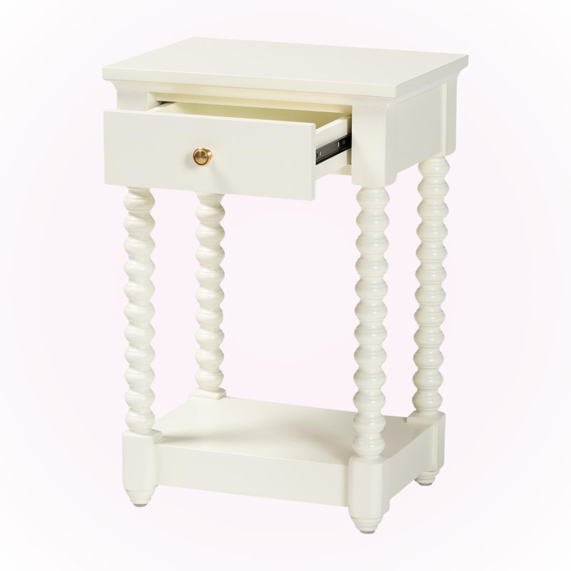 Crispis 1-Drawer Nightstand with Bobbin Legs with Storage Shelf in White, White