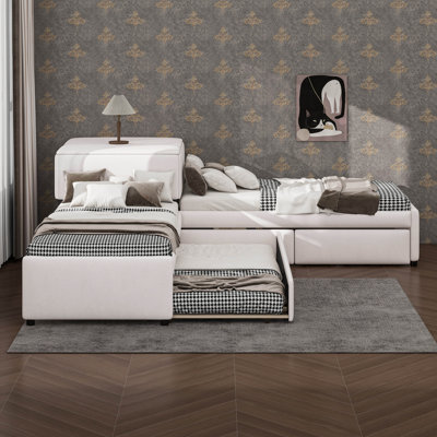 Lit plateforme simple tapissier avec lit gigogne et bureau, lit en L
