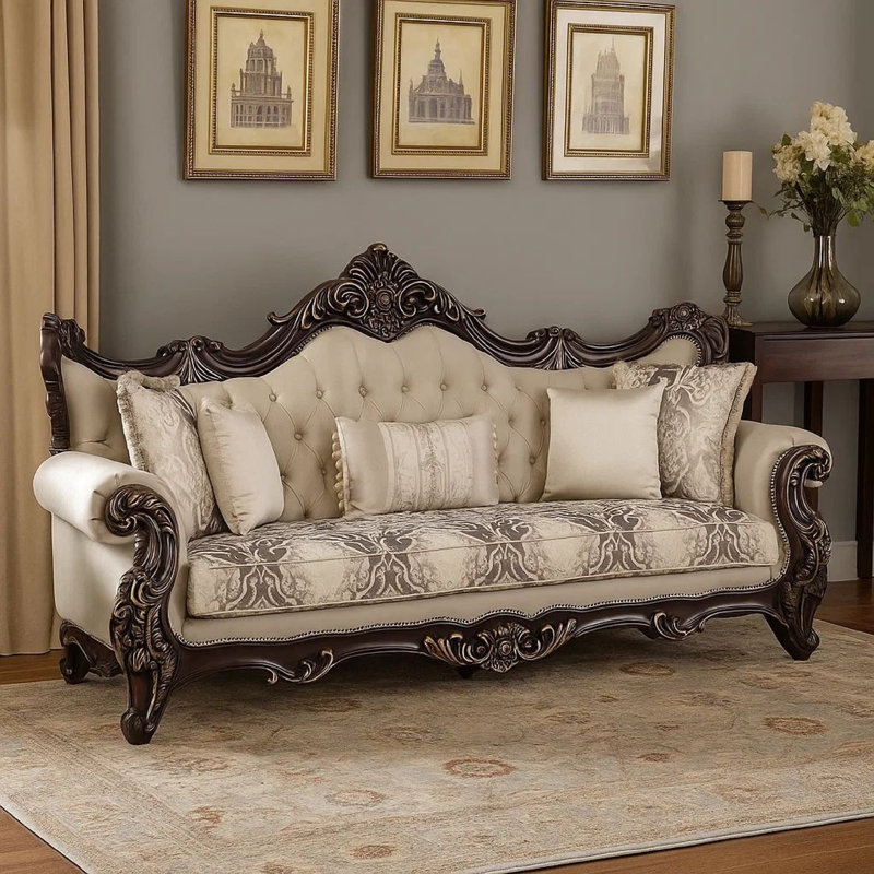 Canapé Puhi avec coussins décoratifs, tissu beige, bois sculpté orné, 95 pouces