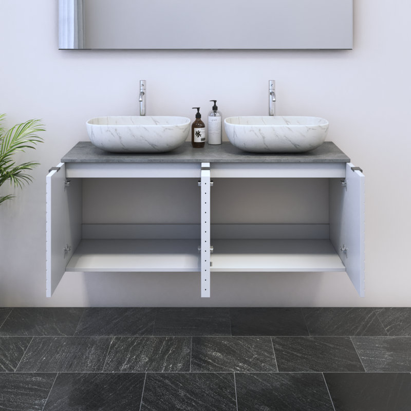 Meuble-lavabo double 47,2 po avec comptoir Karaya, Blanc, Béton
