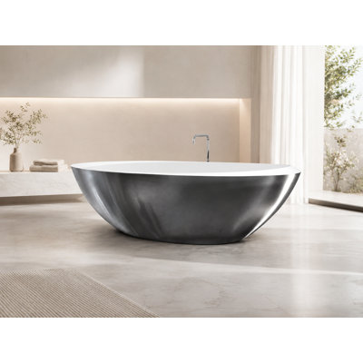 Vast Studio 74.8" x 39.8" Aged Silver Freestanding Oval Bathtub –  Aged Silver/White Interior Deep Soaking  Tub with Metallic Luxury Finish & Contemporary Spa-Inspired Design 