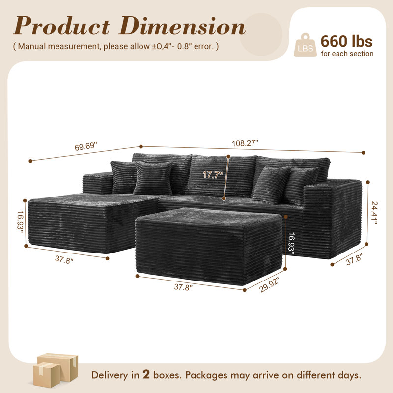 Canapé modulaire rembourré 3 pièces Boneless, Velours côtelé gris