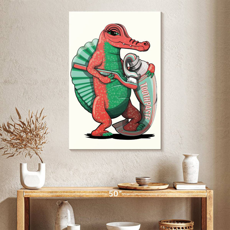Spinosaurus se brossant les dents dans la salle de bain, H 39 po x l 26 po