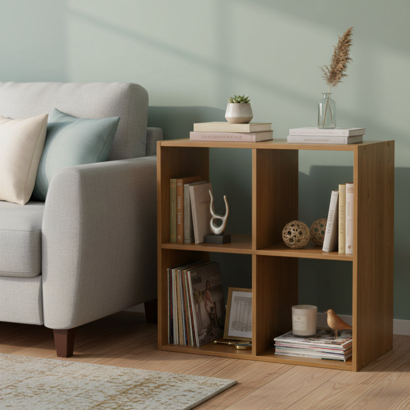 Warm Walnut Wood Color, Four-Compartment Storage Rack, Multi-Scene Home Storage Rack, Suitable For Living Room, Study, Bedroom, Simple Floor-Standing Storage Rack With Compartments.