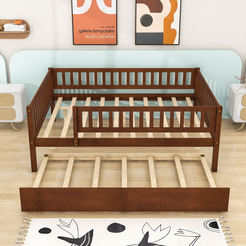 Wood Daybed with Twin Trundle and Guardrails, Full/Double, Walnut