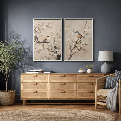 Elegant Bird and Blossom Botanical Artwork, Living Room Pictures, Framed Canvas Giclee Print 2 Pieces Wall Art