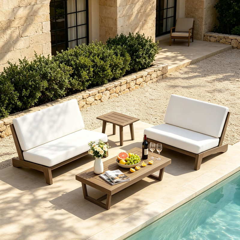 Ensemble de conversation Polett, 4 pièces: 2 tables, 2 causeuses, Beige, Brown