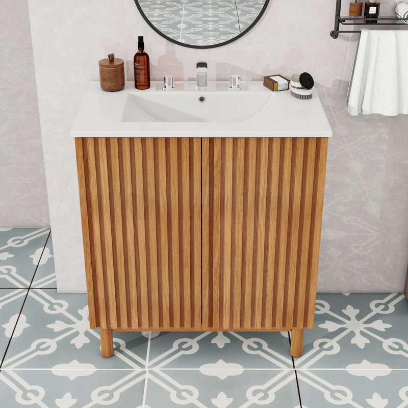 Meuble-lavabo de 30 pouces avec lavabo en céramique, tablette réglable en forme de U et portes à fermeture en douceur