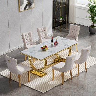 68" Marble Dining Table, Luxurious Marble Table Dining with Printed Faux Marble Tabletop and O-Shape Stainless Steel Pedestal, Modern Kitchen Dining Room Table for 8