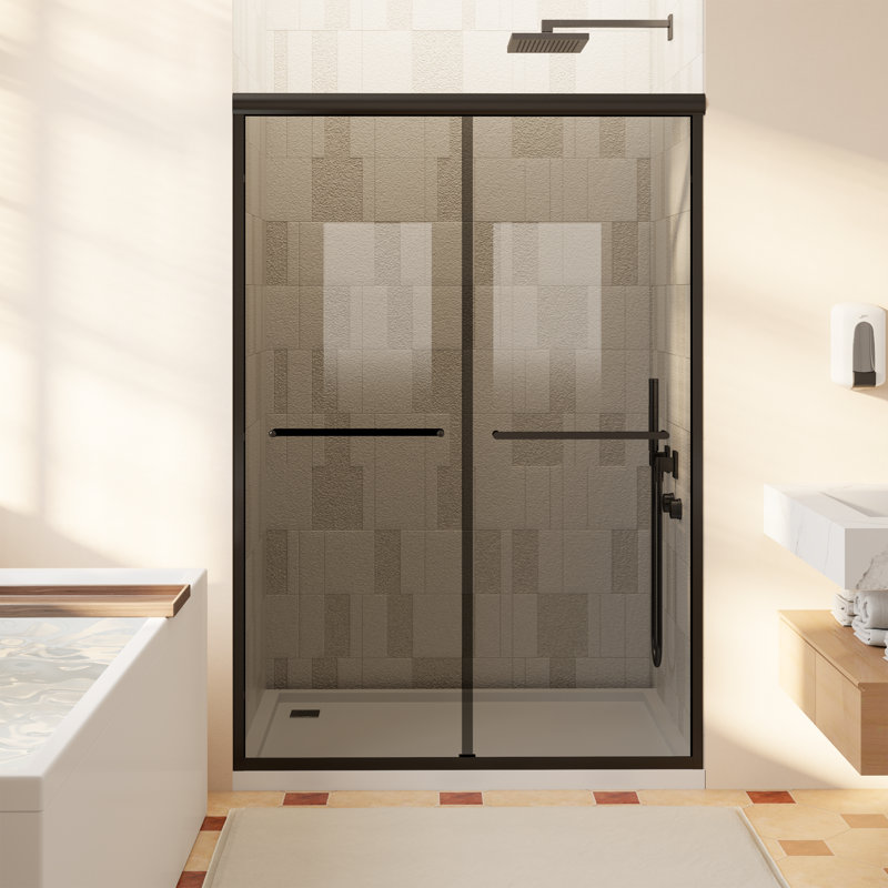 44-48" W x 76" H Double Sliding Shower Door with 1/4"（6mm） Grey Tempered Glass, Matte Black, 44" - 48" W x 76" H