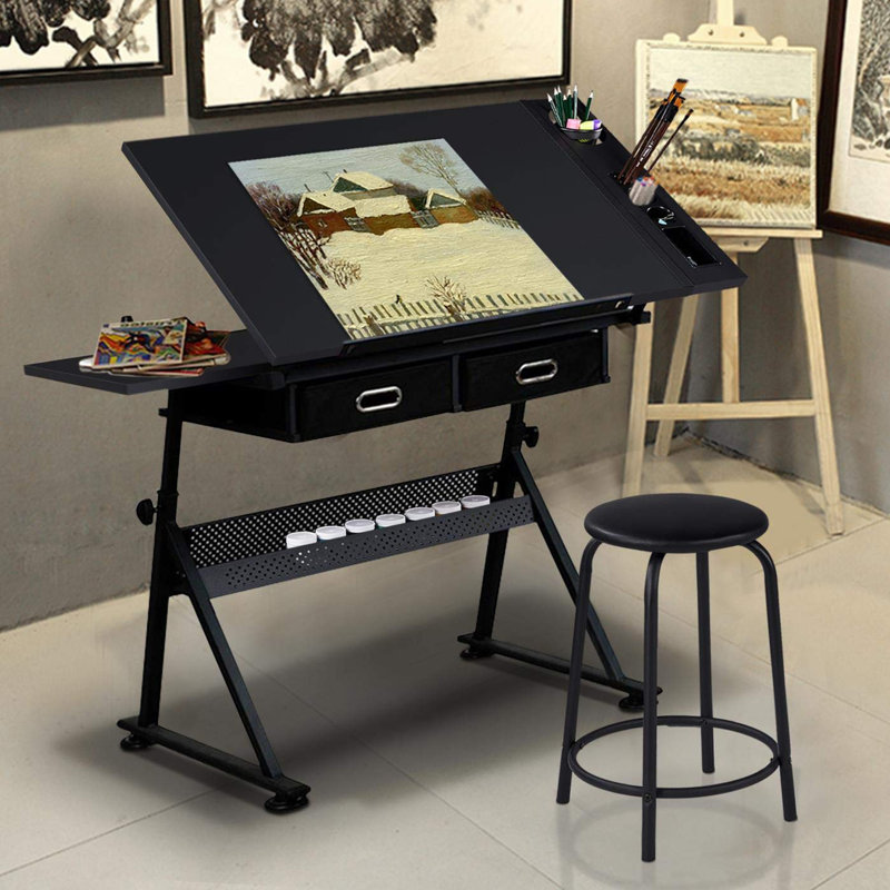 Height Adjustable Drawing and Drafting Table, Black