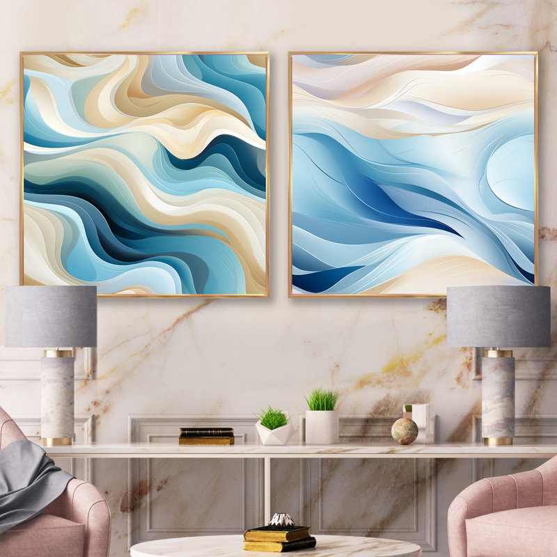 Coastal Harmony - ensemble de 2 collages carrés abstraits, Cadre flottant noir, H 36 po x l 73 po