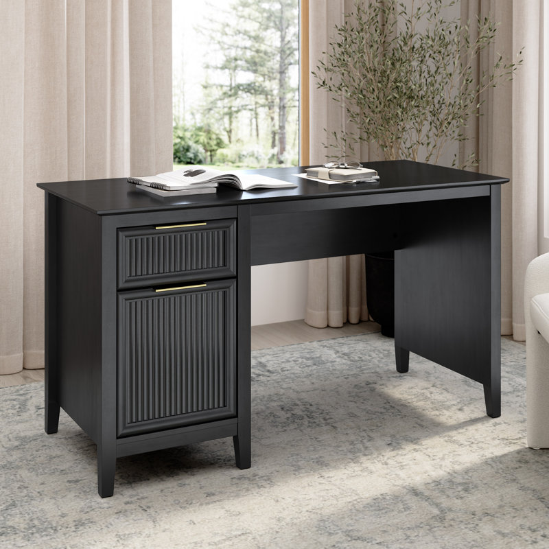 Bureau 54 po avec rangement, design cannelé, bois moderne, bouleau onyx, Noir