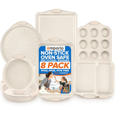 Ensemble de plaques de cuisson - Revêtement antiadhésif, Ensemble de plats de cuisson en acier au carbone avec poignée en silicone blanc, Pfoa, Pfos, Sans PTFE, Livret de recettes inclus, Plateau allant au four (jusqu'à 450 ° F), Ensemble de 8 - Blanc