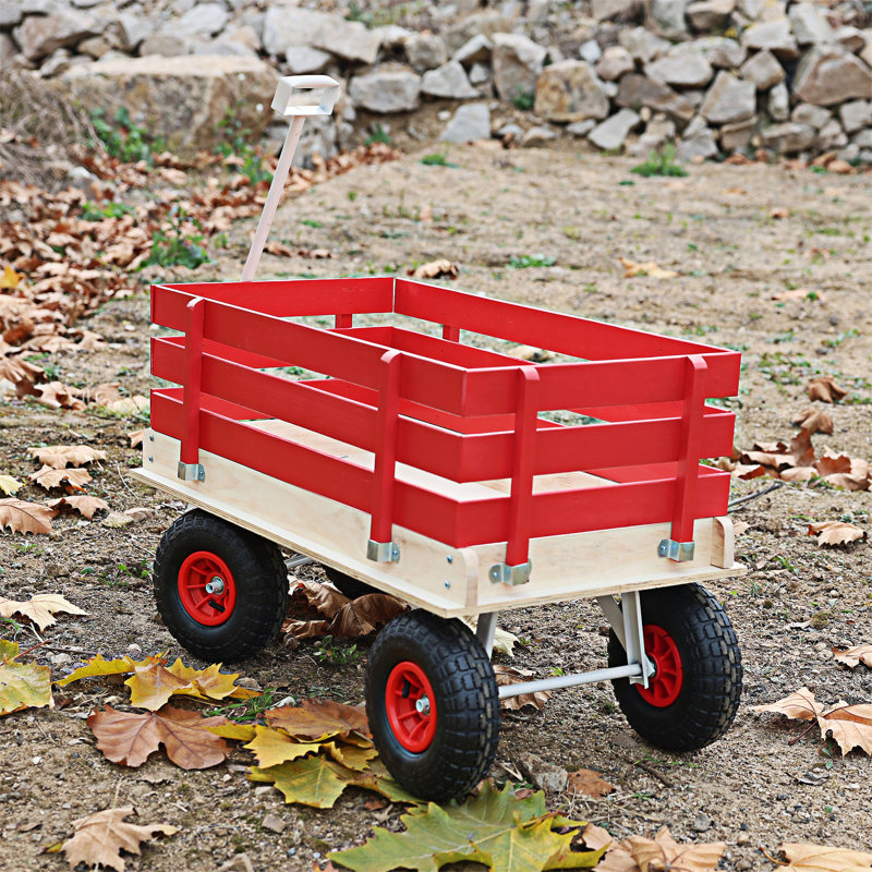 Outdoor Wooden Wagon Cart With Folding Handle, Red/White